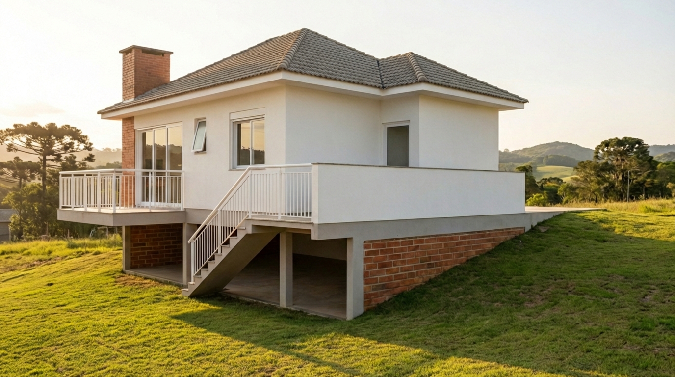 Vista lateral da casa mostrando o porão aberto e a varanda
